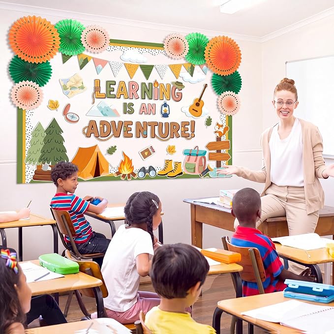 Camping Bulletin Board Decorations with Paper Fans 3D Explore Adventure Classroom Bulletin Board Set Summer Camp Tent Forest Woodland Cutouts Back to School Office Wall Door Decor