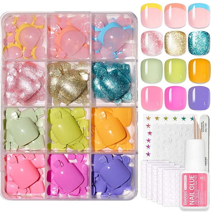 Beetles Press On ToeNails Kit - Glitz Spectrum | 288Pcs 12 Colors Short Square Press On Nails | 15 Sizes French Glossy Glitter With Nail Glue & Nail Tabs Stickers, Fake Nails Kit Art For Women