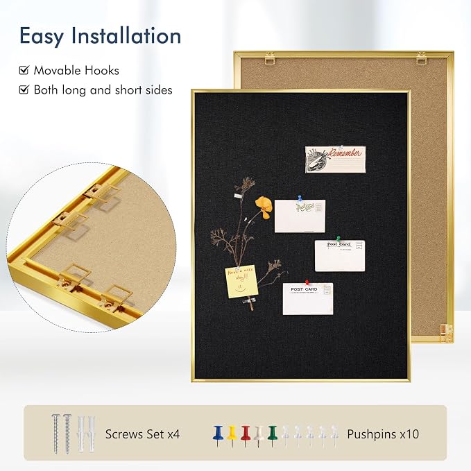 DOLLAR BOSS Bulletin Board with Linen, 36'' x 24'', Golden Frame, Black | Bulletin Board with Linen Fabric 36'' x 24'', Golden Aluminum Frame, Cork Boards for Walls, Decorative Pin Board for Office