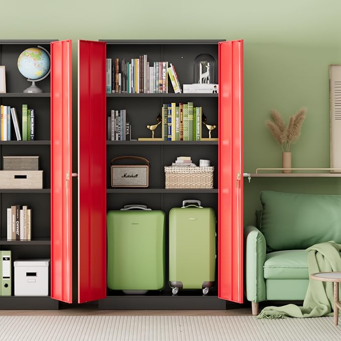 Metal Storage Cabinet,72" Steel Lockable File Cabinet with Locking Doors and Adjustable Shelves,Locking Tool Cabinets for Office,Home,Garage,Gym,School (Black Red)