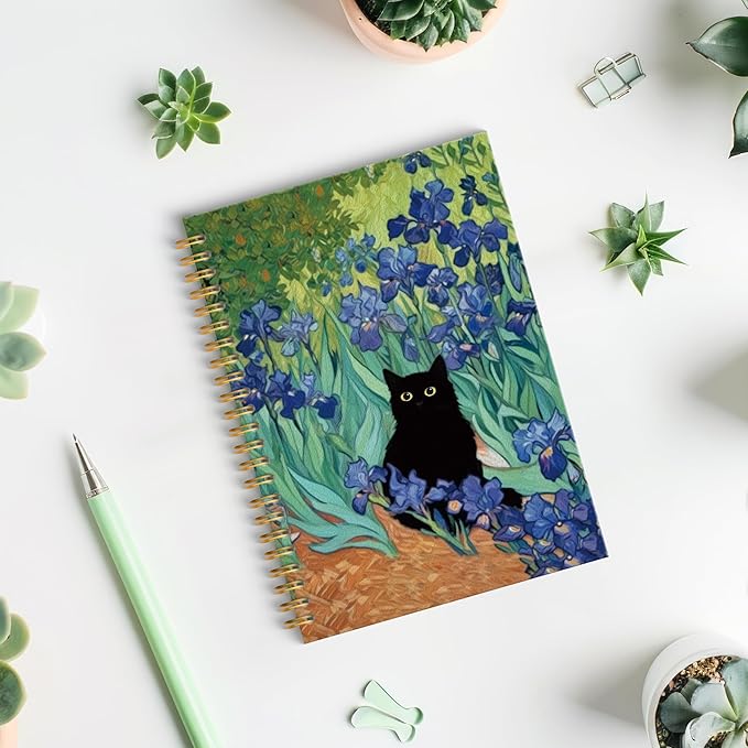 ROXMART Irises Floral Black Cat Spiral Notebook, Black Cat Gifts Journal, Cats Lover Gifts for Women, Abstract Flower Field Kitty Kitten Hardcover Notebook Journal, 5.5x8.3 Inch