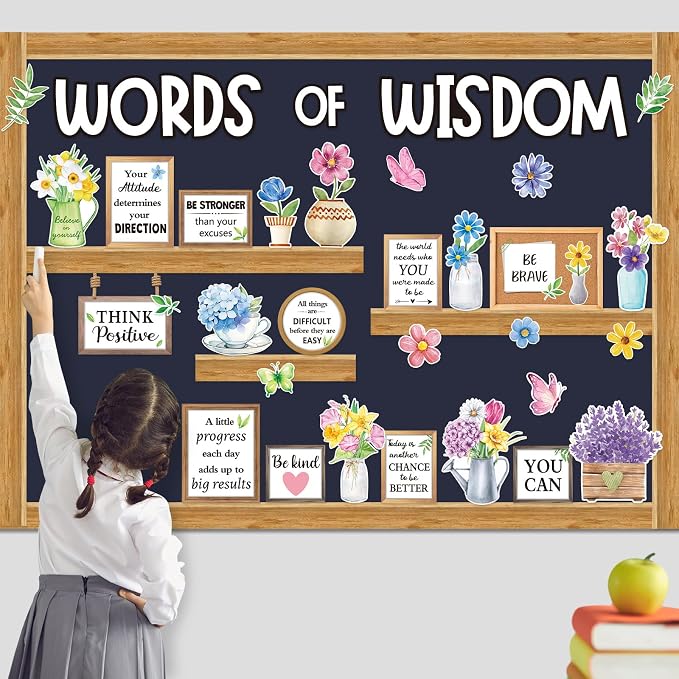 Mooliwe 57 Pcs Spring Bulletin Board Set Motivational Flower Cutouts | Positive Quotes with Floral Designs, Classroom Wall Decor for Teachers, Inspirational Cutouts for School Office Decoration