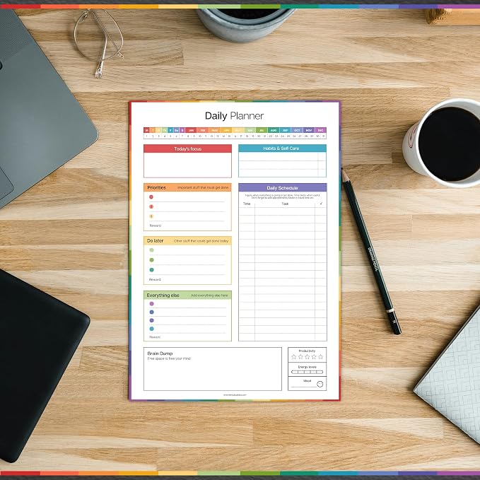 ADHD Daily Planner Notepad for Neurodivergent Adults - Productivity Daily Planner Desk Pad & Task Management to Stay Organized and Focused Note Pad | A4 (Colorful, A4 Portrait)