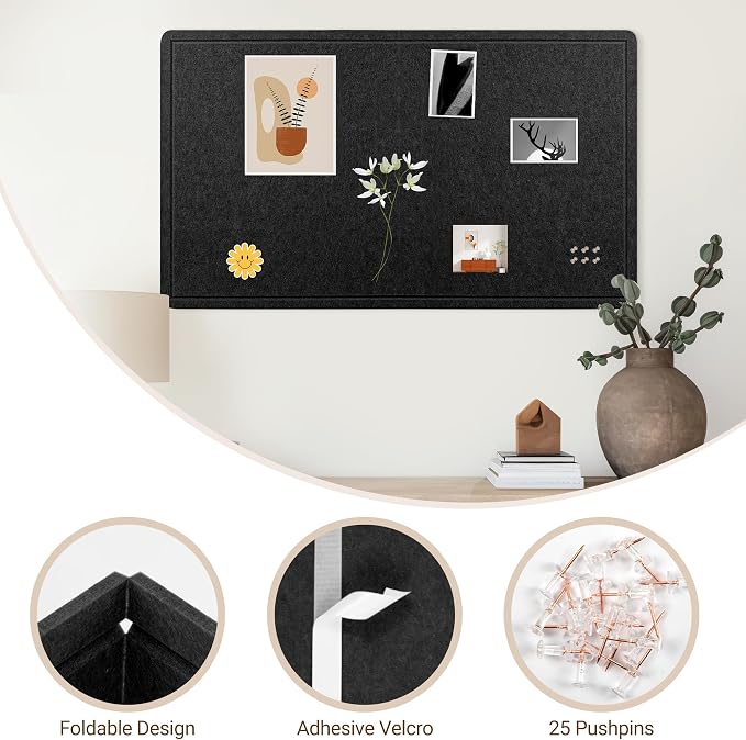 AKTOP Foldable Felt Bulletin Board for Wall, 60x36 inches, Black | Large Cork Board Alternative with 25 Pushpins, Decorative Photo Display Board Pin Board 5x3, For Home, Office & School