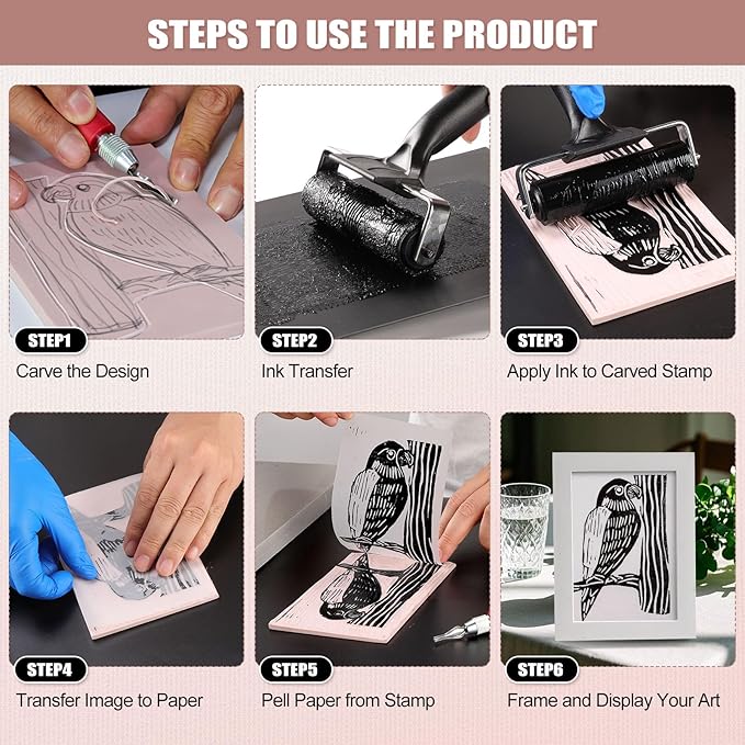 Linoleum Blocks for Printmaking, Stamp Making Carving Linocut Kit for Kids DIY Gift, Rubber Stamp Carving Screen Printing Kit with 4 Colors Block Printing Ink, Rubber Block, Linocut Tools, Brayer