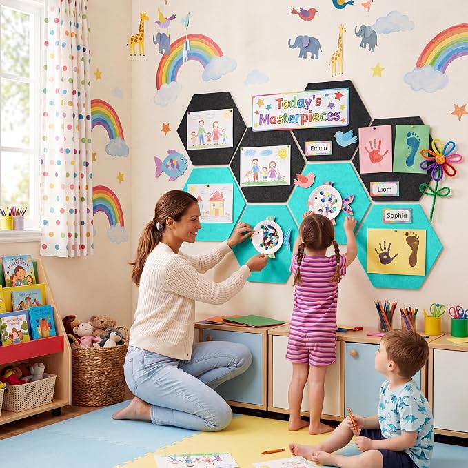 8-Pack Hexagon Felt Bulletin Board Tiles, Cork Board Alternative | For students and teachers creating vision boards in homes, offices, dorms or classrooms; includes 30 push pins.