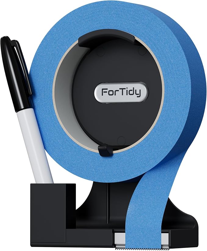 ForTidy Magnetic Masking Tape Holder, Painter's Tape Dispenser, Black | Removable Label System, Cutter Pen Holder, For Home Kitchen, Office, Fridge, Garbage, School (Tape and Pen Not Included)