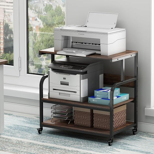 Fannova 32.3" Wide Extra Large Printer Stand with Adjustable Storage Shelf | Heavy Duty Printer Table with Industrial Wheels, 3 Tier Rolling Cart for 3D Printers Wide Format Printers, Rustic Brown