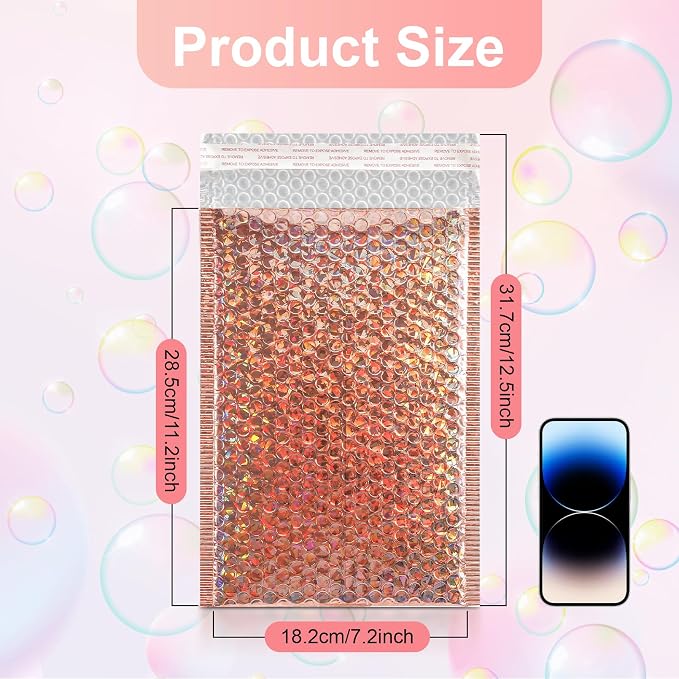 30Pcs Holographic Bubble Mailer,11x7In Cushion Envelope,Rose Gold | Metallic Mailing Envelopes Bubble Padded, Waterproof Self Sealing Poly Padded Envelope for Shipping Mailing Packing