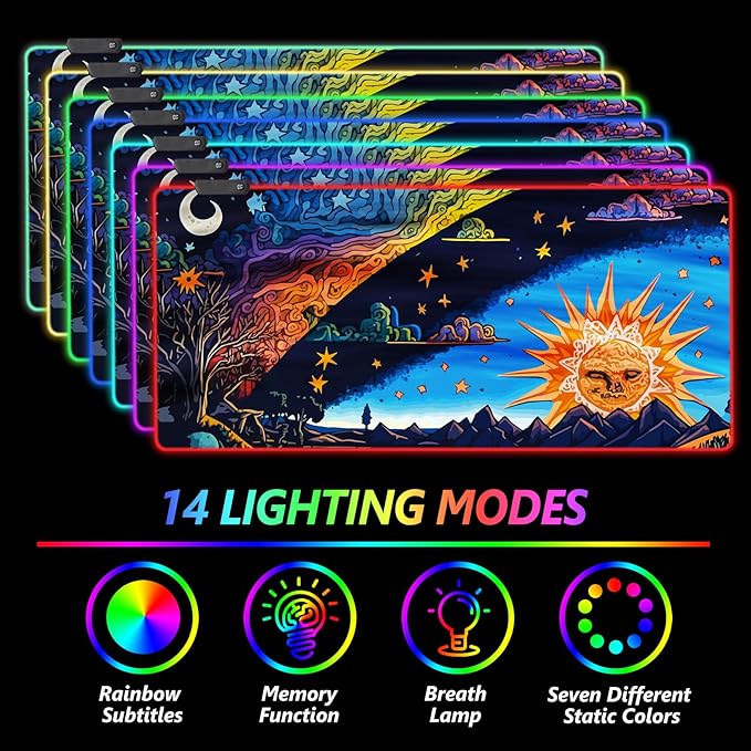 AIMSA Large Gaming Mouse Pad RGB, Keyboard Led Mousepad Extended 35.4 x 15.8 inch Non-Slip Rubber Base with 14 Lighting Modes Desk Mat, Abstract Sun