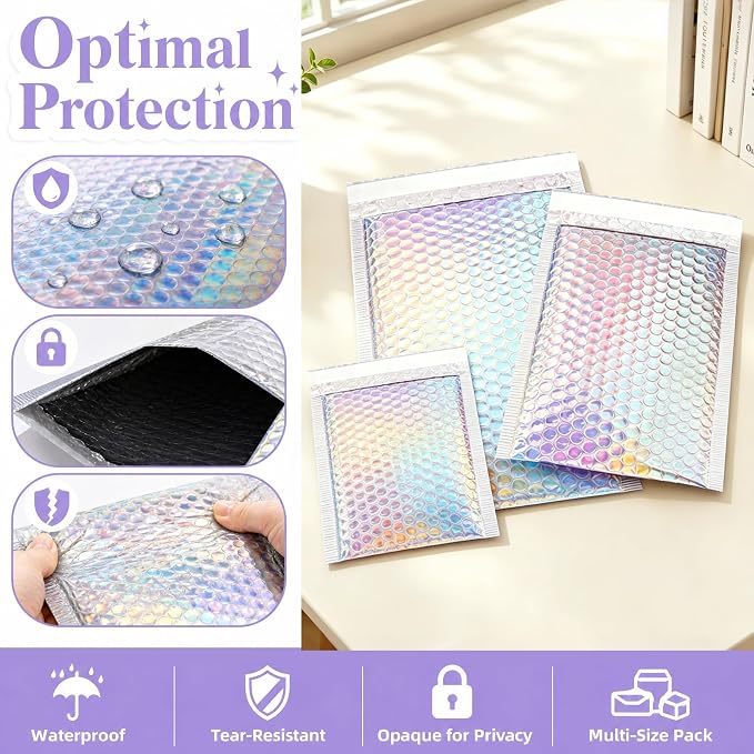 ZAVOOS 50 Pieces Metallic Bubble Mailers, 3 Sizes | Holographic Poly Padded Envelopes, Self-Seal Waterproof Bubble Shipping Envelopes for Mailing, Packing, Small Business