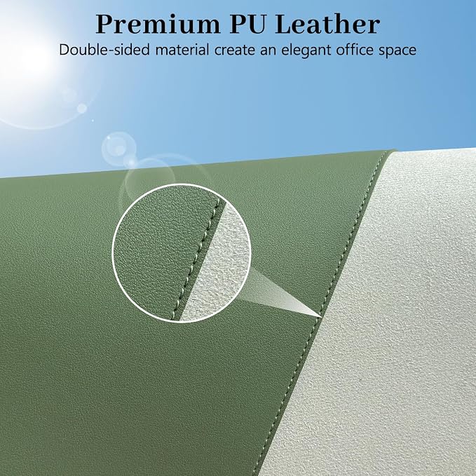 Green Leather Desk Pad Large Mouse Pad, 31.5"x15.7" | Waterproof Desk Mat for Keyboard and Mouse, Non-Slip Computer Desk Protector, Smooth Mouse Control for Home Office