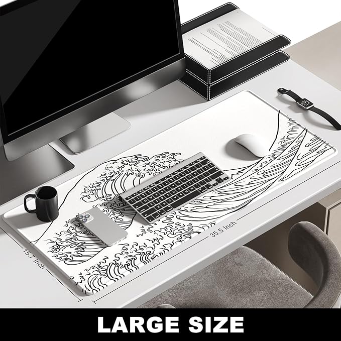 BOSOBO Large Desk Mat, XXL Gaming Mouse Pad, Office & Home Full Cover 35.5 x 15.7 Inches, Art Kanagawa Surfing White