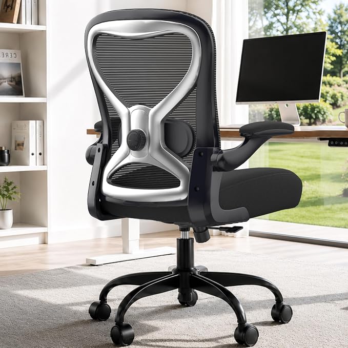 Ergonomic Home Office Chair, 4-Way Lumbar, Thick Cushion, 330LBS | Adjustable Lumbar (up/down/in/out), Rocking Mesh Back, Flip-up Arms, Easy Assembly, Ideal for home offices & small workspaces