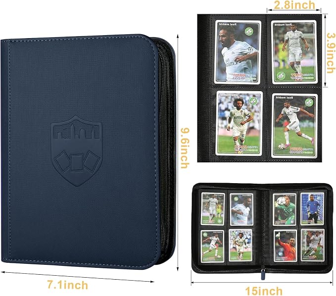 4 Pocket Ringless Side Loading Trading Card Binder, 160 Cards PU Fixed Page Zipper Card Album for TCG Sports Game Cards, Not Fit Top Loaders (Blue)