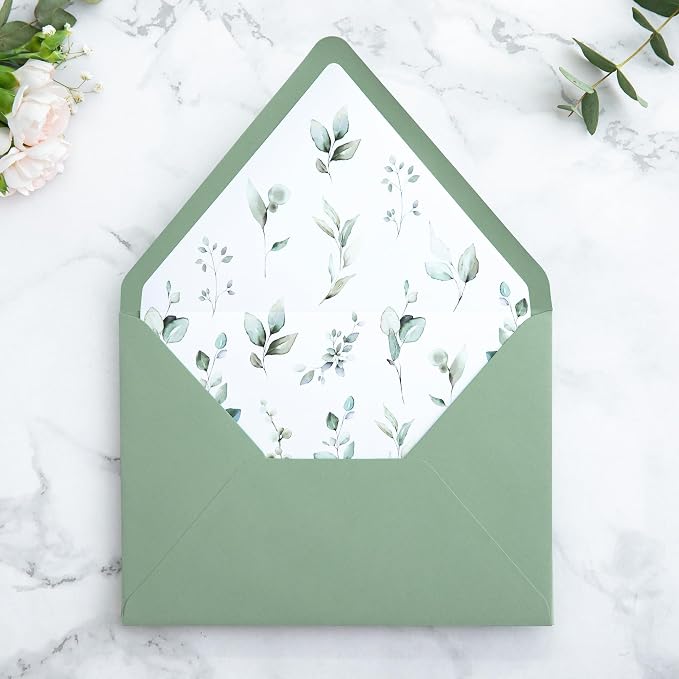 PONATIA 50PCS A7 Euro Flap Envelopes, 5.25 x 7.25'' Liner Envelope For 5x7'' Weddings Invitation Cards, Christmas Gift Cards, Acrylic Invitations, Photos (Sage Green & Green Leaves)