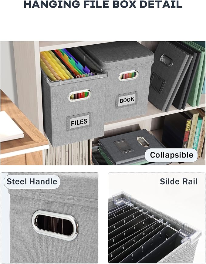 Hanging Filing File Box with Mesh Pocket, File Organizer Box with Lid, Collapsible Document Organizer Box for Letter Size, Easy Slide Durable Storage Box for Office/Decor/Home (2 PCS, Grey)