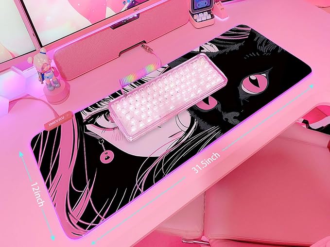 JMIYAV Pink RGB Gaming Mouse Pad 31.5x12 Inch PC XL Large Extended Glowing Led Light Up Desk Pad Non-Slip Rubber Base Computer Cute Mousepad Mat Desk Accessories Gaming Setup Punk Heart