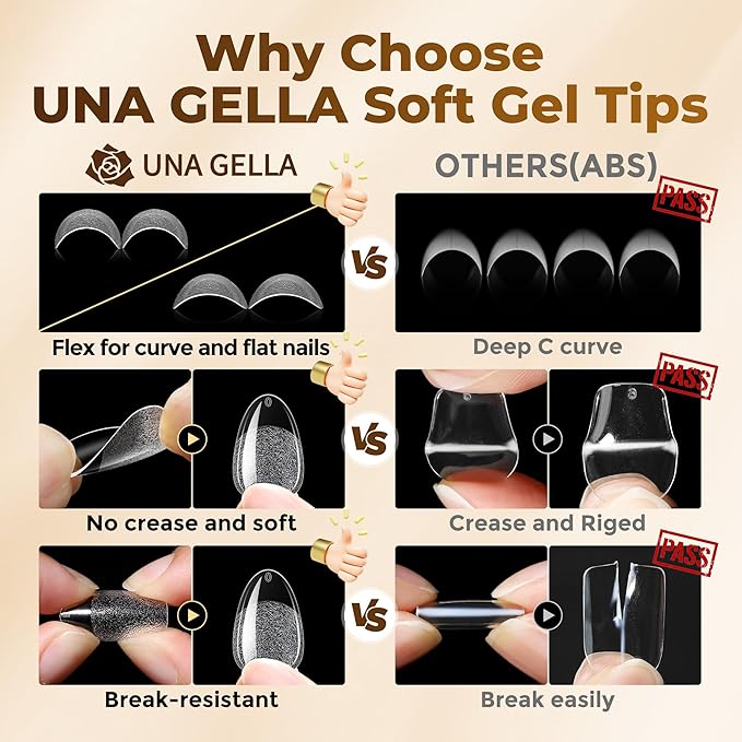 UNA GELLA Short Oval Almond Fake Nails 504pcs Press on Nails Pre-shape Short Almond Round Gel Nail Tips for Full Cover Acrylic False Nails For Nail Extension Home DIY Salon 12 Sizes False Gelly Tips
