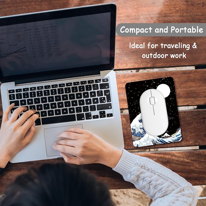 Dapesuom Small Mouse Pad, 6 x 8 Inch Thick Rubber Premium-Textured Non-Slip Portable & Washable Mini Mouse Mat for Women Men Wireless Laptops Keyboard Tray Gaming Computer Office Travel, Waves & Moon
