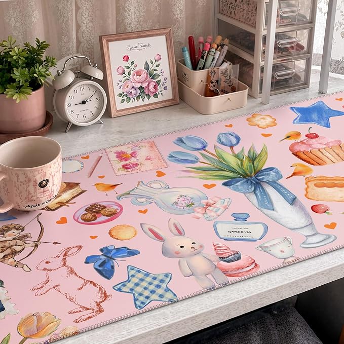 iCasso Pink Desk Mat, Cute Mouse Pad Decor, 35.4 x 15.7in Office Decor | Waterproof Non-Slip Large Desk Pad for Keyboard and Mouse with Stitched Edges, Cute Desk Accessory for Gaming and Dorm Rooms