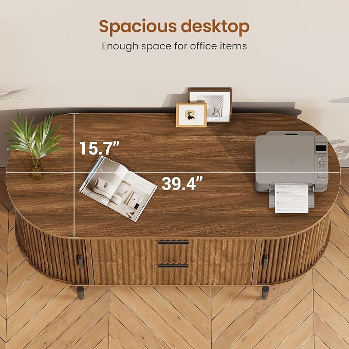 SEDETA Fluted 2 Drawer File Cabinet with 2 Sliding Door for Home Office | 39.4" Filing Cabinet for Home Office,fit Legal/Letter/A4 Siz,Modern File Cabinet with 2 Drawers,Printer Stand,Brown
