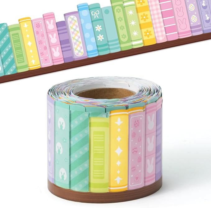 BeYumi Pastel Bookshelf Border Trim - 65ft Back to School Colorful Pastel Books Rolled Border Trim Floral Bunny Bookshelf Bulletin Board Library Classroom Office Chalkboard Home Wall Party Decoration