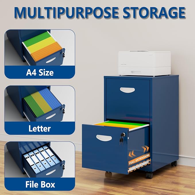 Polup 2 Drawer Rolling File Cabinet with Lock for Home Office | Metal Mobile Filing Cabinet on Wheels, Small Under Desk Storage, Fits Hanging Letter Size, Printer Stand, Blue