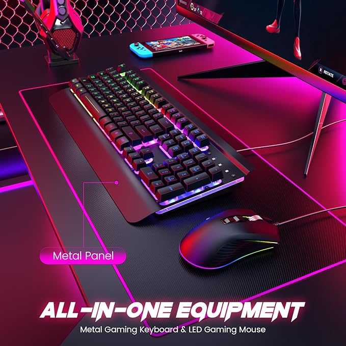 Wired Gaming Keyboard and Mouse Combo, 104 Keys All-Metal Panel Rainbow Computer Keyboard with Multimedia Keys Wrist Rest and LED Backlit Gaming Mouse 4200 DPI for Windows PC Gamers (Black)