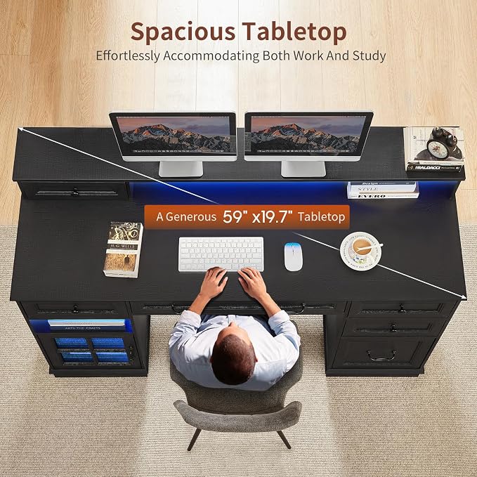 HAUOMS Farmhouse Executive Desk Computer Desk with Drawers，Black | Executive Office Desk with File Drawers, Power Outlet, Led Lights, Storage Cabinet and Monitor Shelf for Home Office