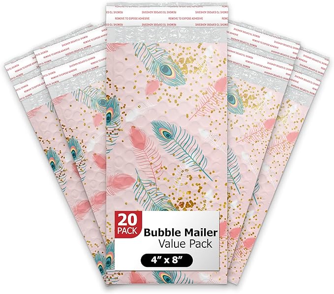 4x8 (20pcs) Pink Peacock Designer Self Seal Poly Bubble Mailers Shipping Envelopes Padded Bags