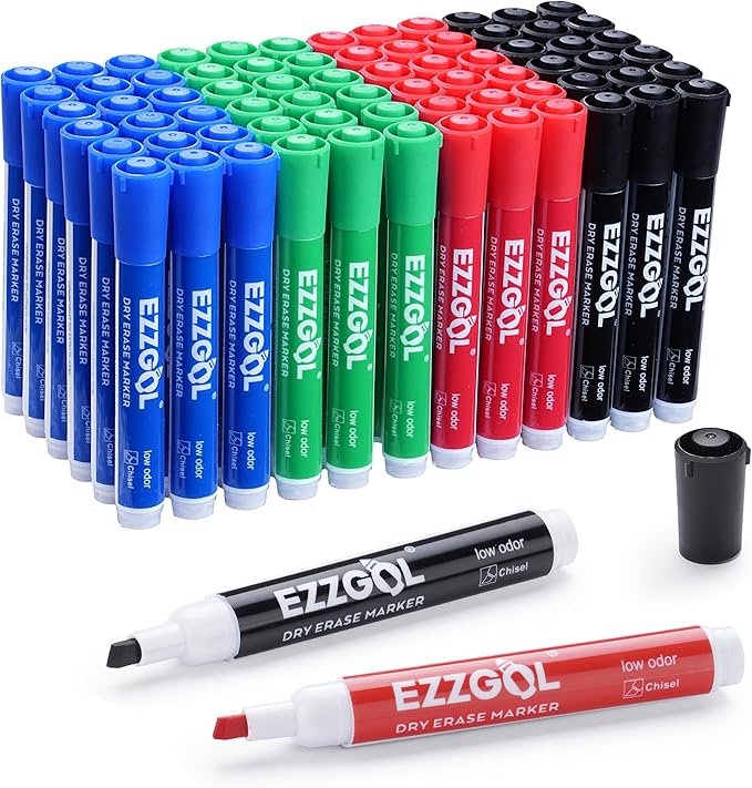 Dry Erase Markers Bulk, 72 Pack Basic Multi-color Red Blue Black Green Low Odor Whiteboard Markers, Chisel Tip Dry Erase Markers for Writing on Dry Erase Whiteboard for School, Office, Home
