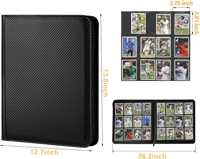 12 Pocket Ringless Side Loading Trading Card Binder, 720 Cards PU Fixed Page Zipper Card Album for TCG Sports Game Cards, Not Fit Top Loaders (Carbon Black)