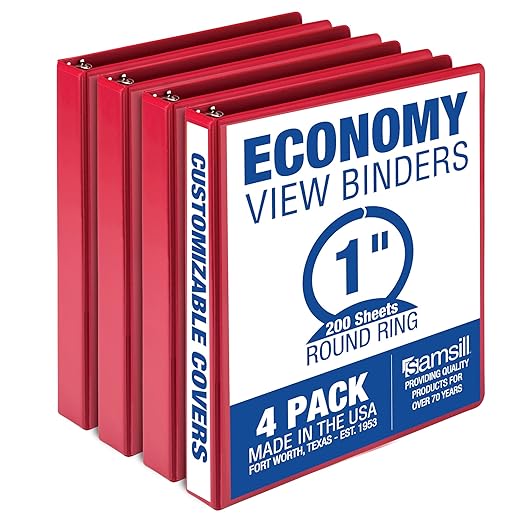 Samsill 1 Inch 3 Ring Binders, Economy Round Ring, Clear View Cover, 200 Sheet Capacity - for School, Home, Office - Red, 4 Pack