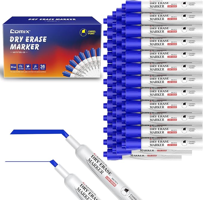 Comix Dry Erase Markers, Chisel Tip Whiteboard Markers, 36 Count Blue Color | Low Odor, Non-toxic, Smooth Writing, Easy to erase, Suitable for Classroom, Teachers, Office, School Supplies