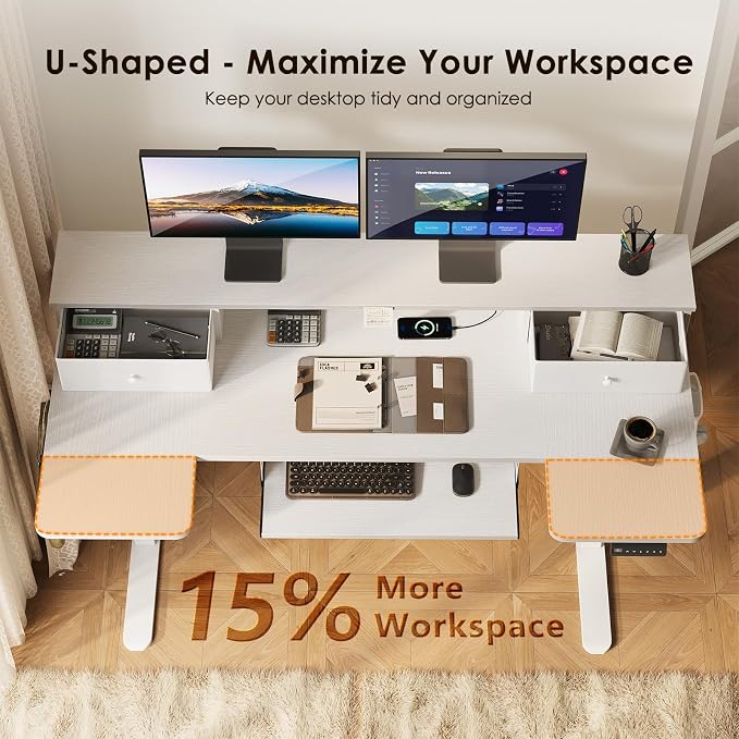 55 Inch U Shape Standing Desk with Keyboard Tray & Drawers, White | Power Outlet, Dual-Monitor Stand, LED Light, 3 Presets, 28.3"-46.5"in Range, 154 lb Capacity