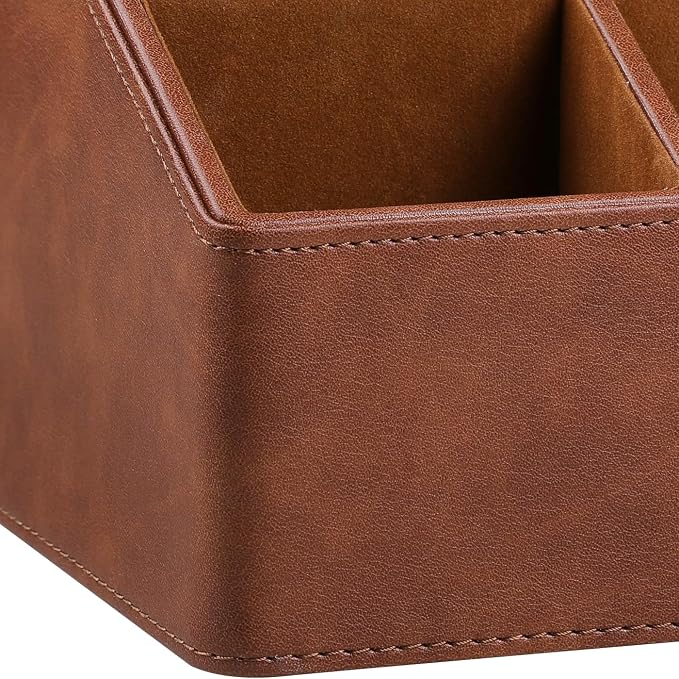 PU Leather Desk Organizer, Remote Control Holder, Brown | Luxury Nightstand Organizer for Home, Office Desk Accessories, Bedside Table Caddy with 5 Compartments, Velvet Lining