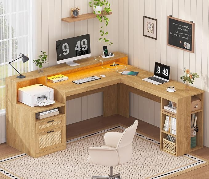 63" Rattan L Shaped Desk with Drawers & Storage Shelves for Home Office | Corner Desk with Power Outlets & LED Lights, L-Shaped Office Desks with File Drawer, Printer Shelf, Monitor Stand, Oak