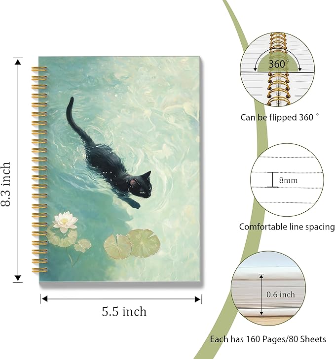 ROXMART Whimsical Funny Black Cat Spiral Notebook Journal, Cat Lover Mom Lady Owner Gifts, Cute Black Kitty Kitten in Water Lily Pond Hardcover Notebook Journal, 5.5x8.3 Inch