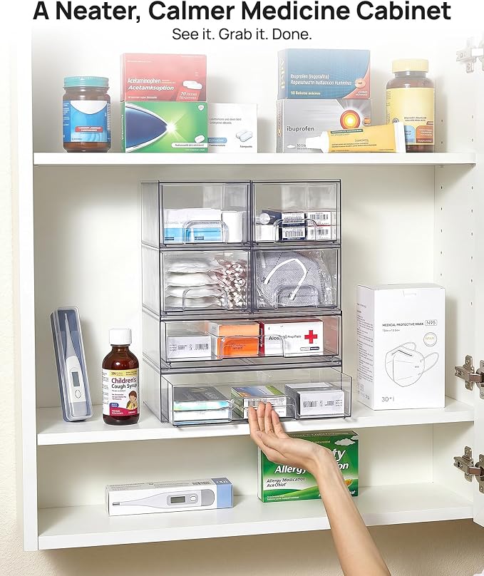 Vtopmart Clear Stackable Storage Drawers Set of 5, Plastic Organizer Bins | Multi-purpose Boxes for Bathroom Accessories, Beauty Supplies, Ideal for Cabinet, Shelf, Pantry, Laundry Room Organization