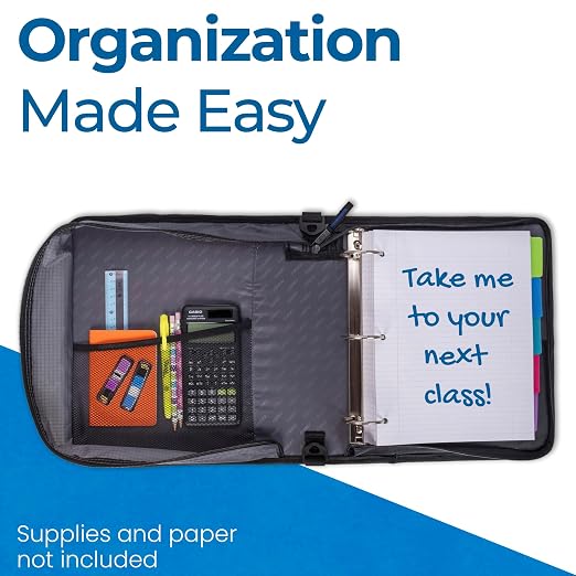 Case-it Universal Zipper Binder | 2-Inch O-Rings,13-Inch Laptop/Tablet Padded Pocket,400 Sheet Capacity,Multiple Storage Pockets&Shoulder Strap | School&Office Organizer-| LT-007 Jet Black,(Pack of 6)