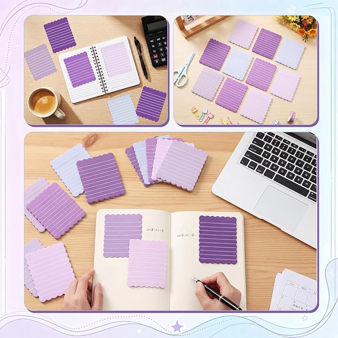 Epakh 10 Pack Scalloped Line Sticky Notes, Gradient Purple Pads, 3 x 4 Inch | 300 Sheets, Small Notes Pads, Thick Note Pads, Strong Adhesive, Back to School Office Supplies
