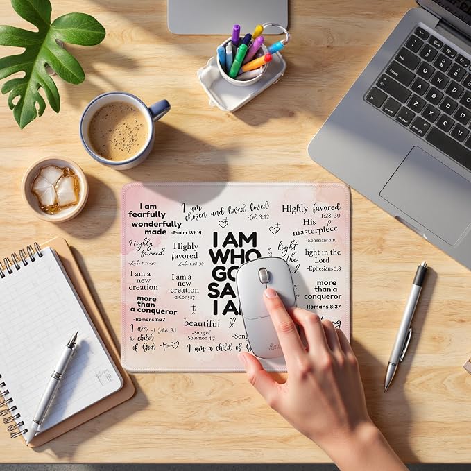 God Says I Am Christian Mouse Pad 9.5x7.9 Inch (Pink),J250 | Pink floral God Says I Am Bible verse mousepad for office dorm computers, Christian desk decor and faith gifts for women