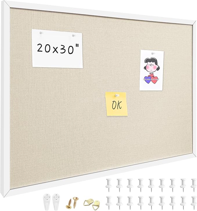 20"x30" White Framed Natural Wood Tone Bulletin Board, Pin Board | Linen corkboard texture. Premium cork boards for walls and pin board office organizer.