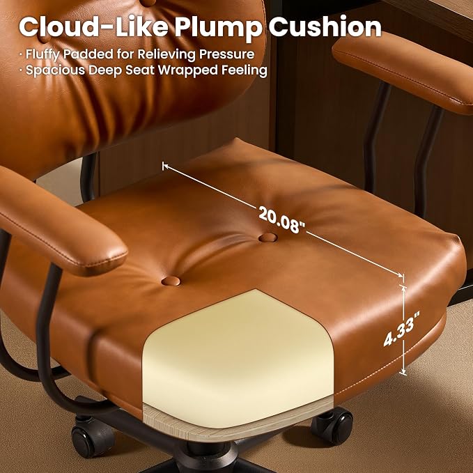 ovios Home Office Chair with Thick Cushion, Mid-Century Modern Faux Leather Ergonomic Chairs, Mid Back Swivel Rolling Computer Executive Armchair (Brown, PU Leather)