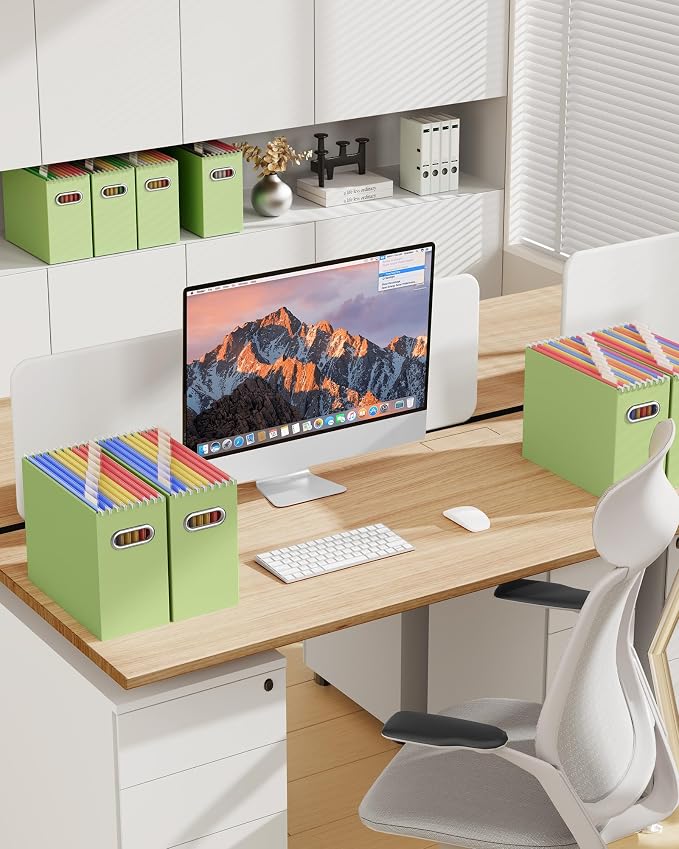 Portable Collapsible Cardboard File Box with Handle for Letter-Size | 4-Pack. Stainless Steel Handle. Label Stickers Included. Fits Letter Folders (Not Included). Home, Office, School, Dorm, Tax.