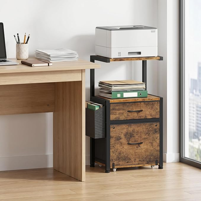 File Cabinet with 2 Fabric Drawers and Printer Stand, Rustic Brown | 2-Tier Printer & Compact Scanner Storage, Letter File Drawer, Reversible Side Bag, Rolling Support Base for Home Office
