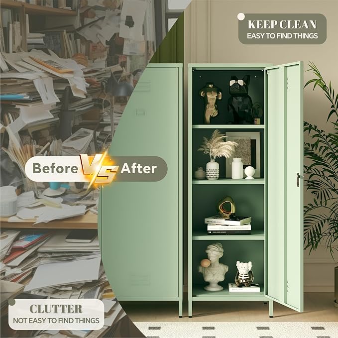 Metal Locker Storage Cabinet with Adjustable Shelves, 59" H Green Locking Tool File Cabinets Kids Snack Locker Organizer for School Classroom,Gym Home Office,Entryway and Hallway