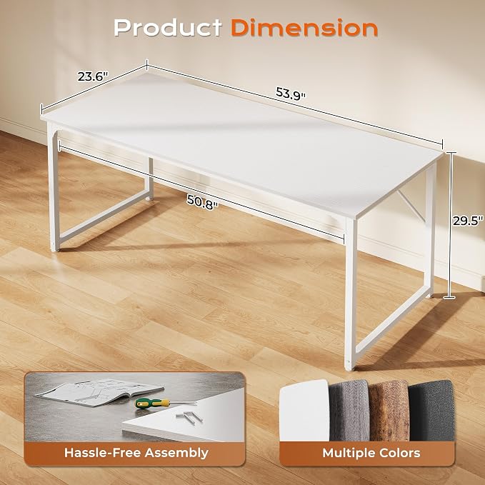 55 X 24 Inch Computer Desk with Deeper Desktop, Gaming Office Writing Work Desk for Home Office, Study, Bedroom, Work from Home, Metal Frame, White