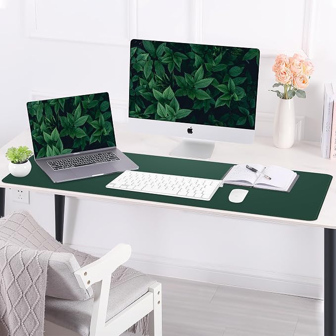 AFIING Leather Desk Pad Protector, Large Desk Mat with Natural Cork & PU Leather, Mouse Pad, Non-Slip, Waterproof Desk Writing Pad for Office and Home (Dark Green)